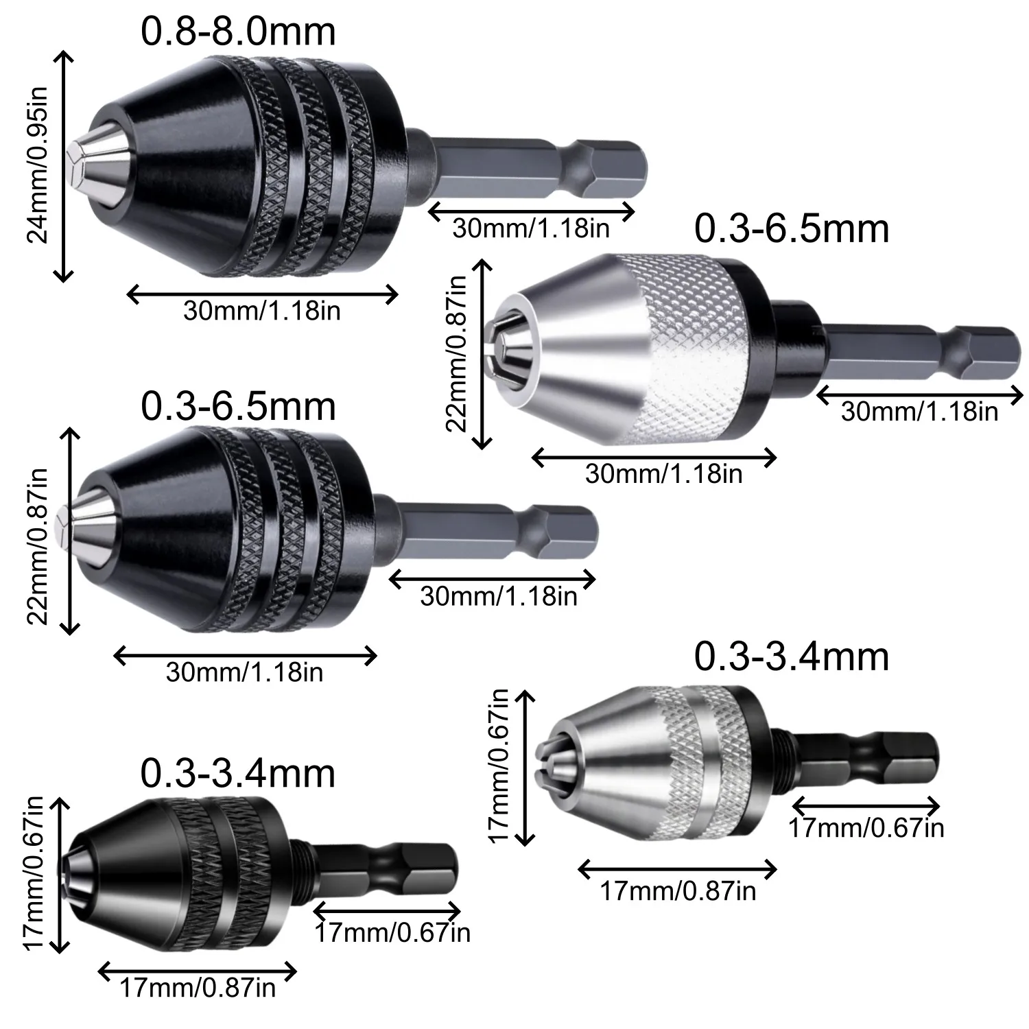 Keyless 1/4 Hex Shank Drill Bit Chuck Adapter 0.8-8.0mm 0.3-6.5mm 0.3-3.4mm Impact Driver Quick Change Converter Extension view 6