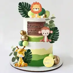 20pcs/set Jungle Safari Animal Cake Topper With Colourful Balls Plam Leaves Cake Decoration for Wild Theme Birthday Party