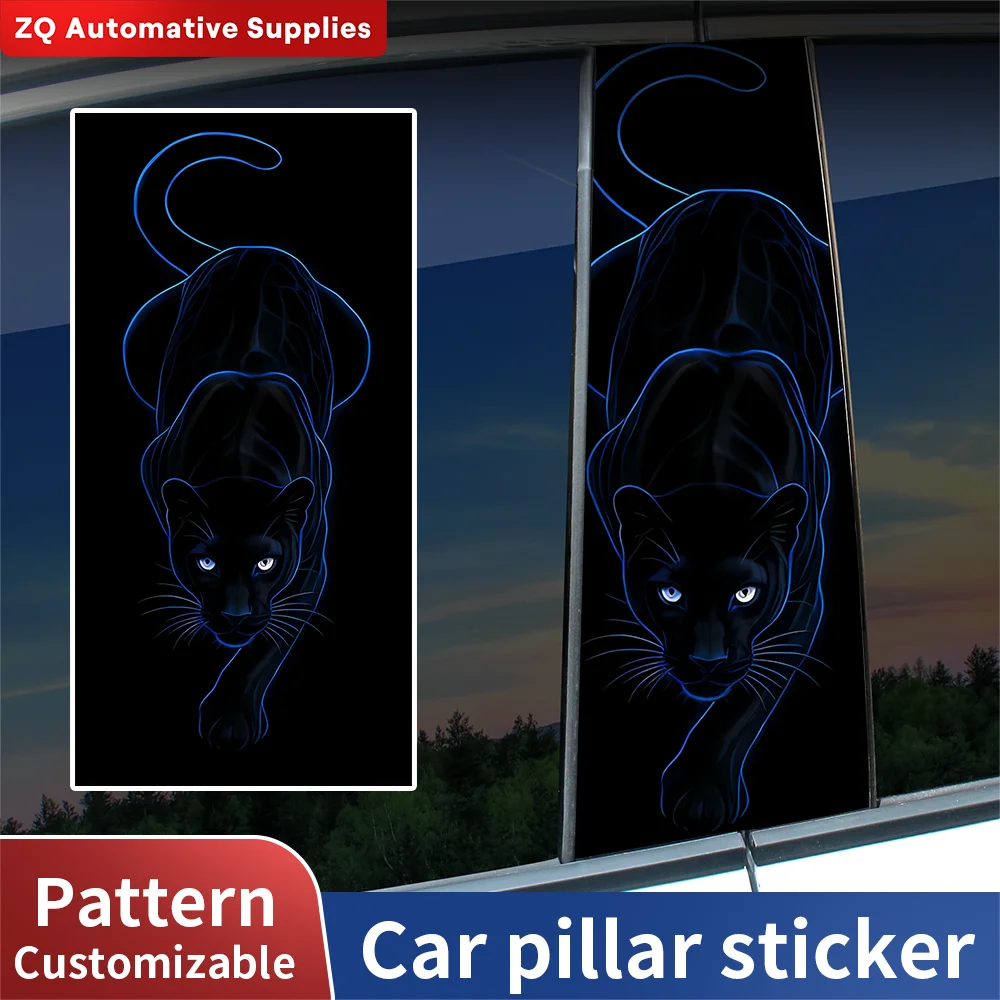 Neon Blue Panther Car B Pillar Sticker Cyberpunk DIY Decal Waterproof Vinyl Auto Middle Pillar Wrap Creative Exterior Decor 2Pcs