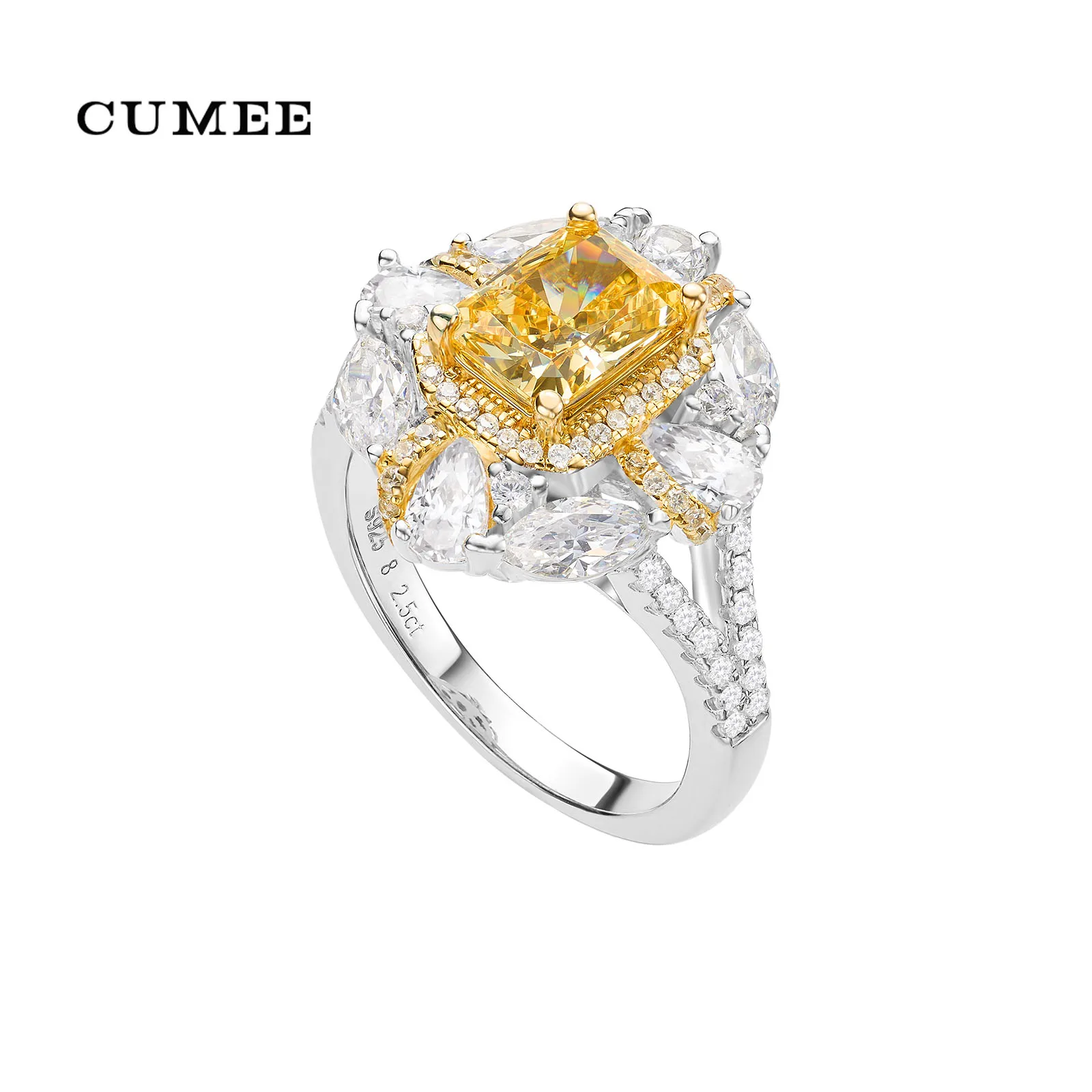 CUMEE Lemon Yellow 2.5CT Sparkling Rings Lab Created Yellow Diamond Jewelry with Silver and Gold Plating