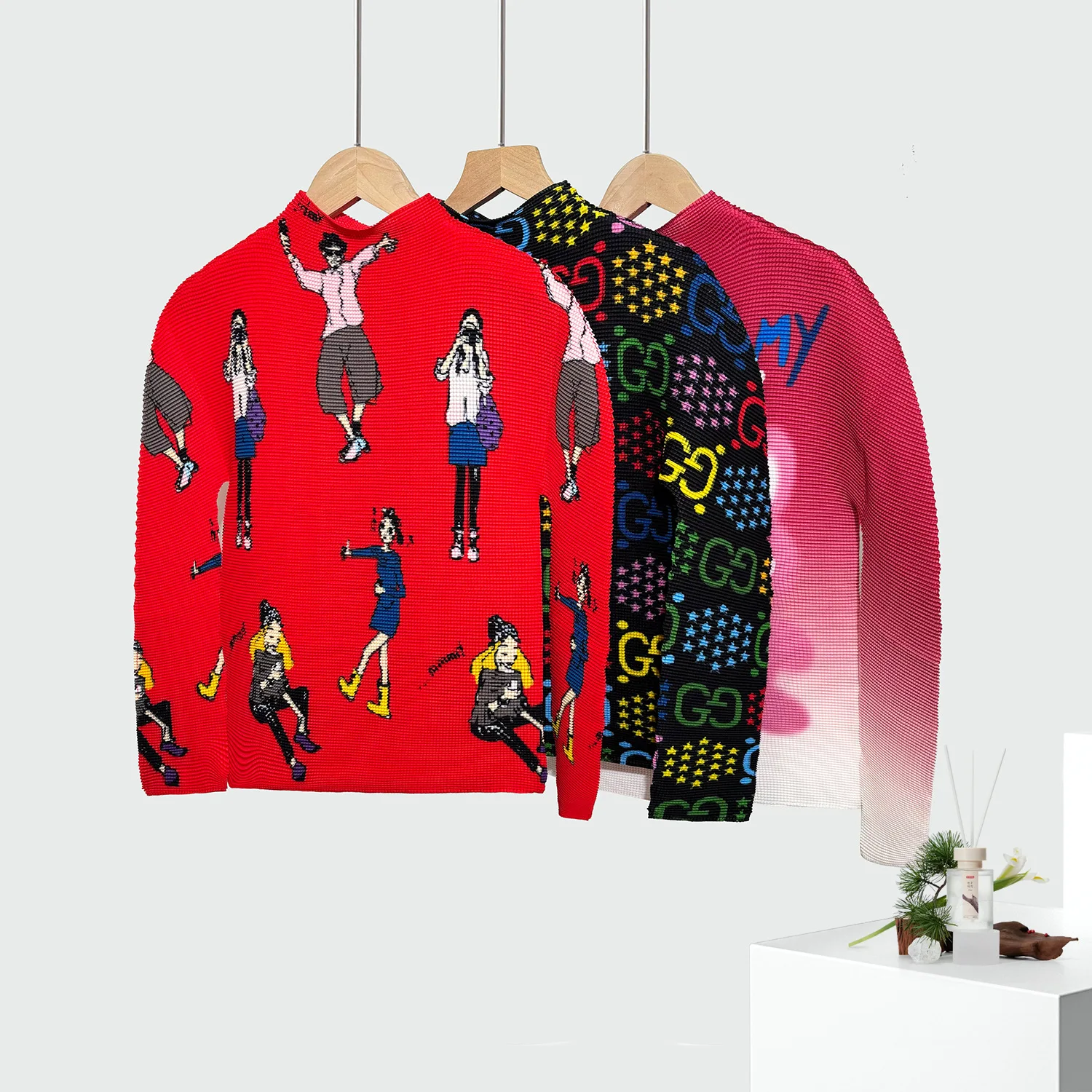 

Miyake Ruffles 2025 New Bottoming Shirt Half-high Neck Female Autumn Red Print Slim Pullover Half-high Neck Long-sleeved Inner