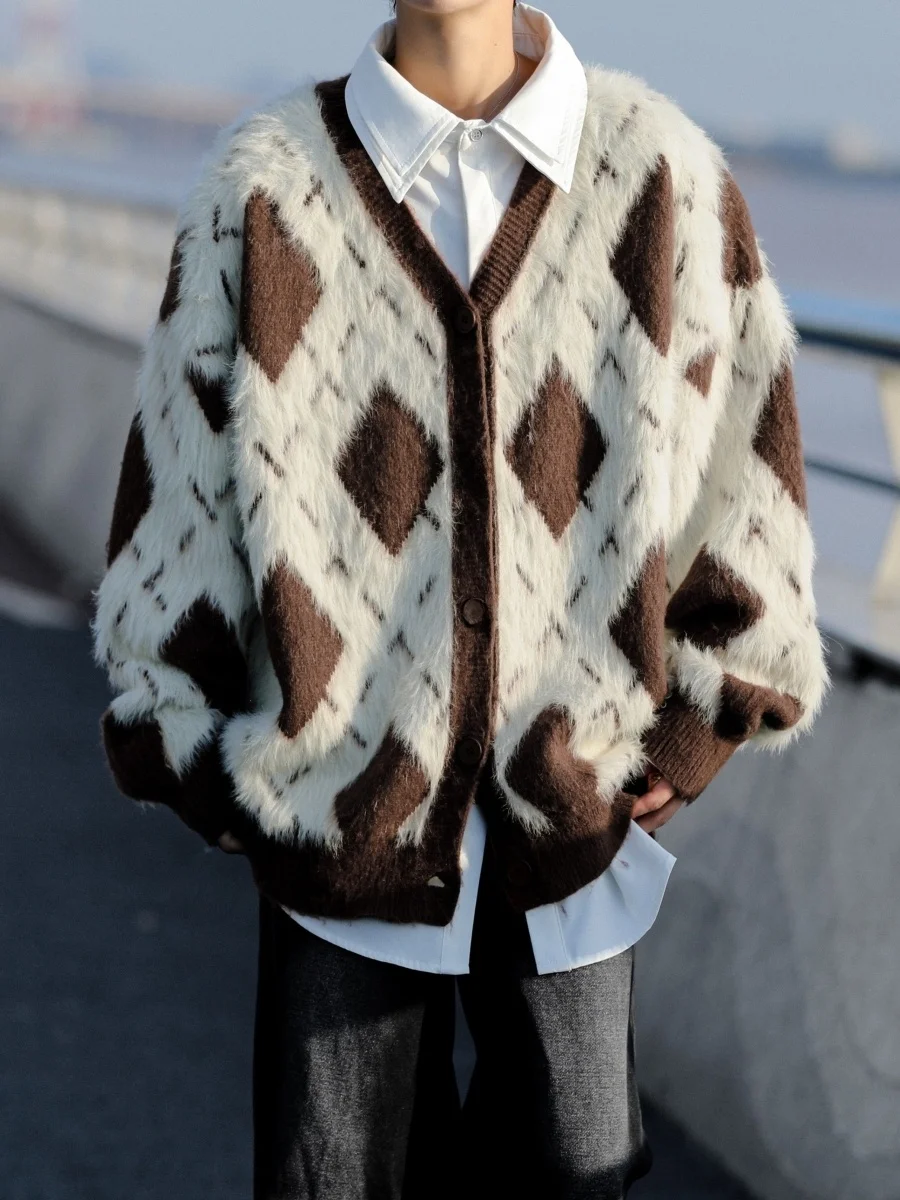 

Американский вязаный кардиган с V-образным вырезом, свободный свитер для пар, повседневная вязаная кофта для мужчин и женщин, осень-зима