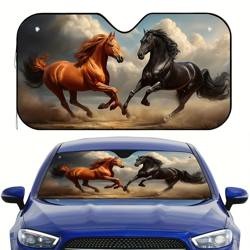 1pc 2D Flat Galloping Horses Duel Design Car Sunshade – Keeps Car Cool, Foldable & Easy Install, 4 Suction Cups Included, Perfec