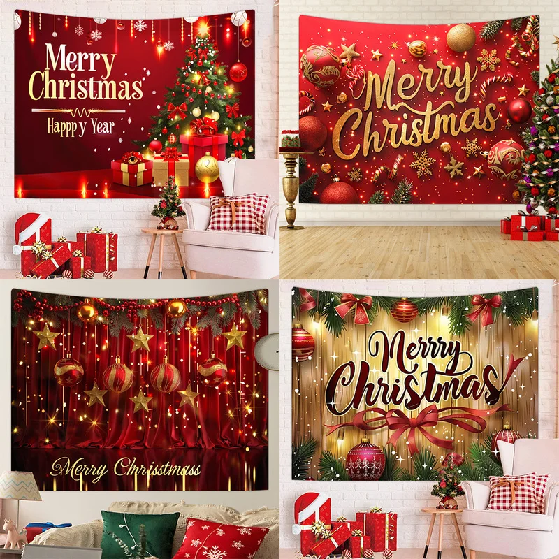 VIKAMA Red Christmas Ball Wall Tapestry Pine Branch Snow Scene Wall Hanging Backdrop for Holiday Home Decoration