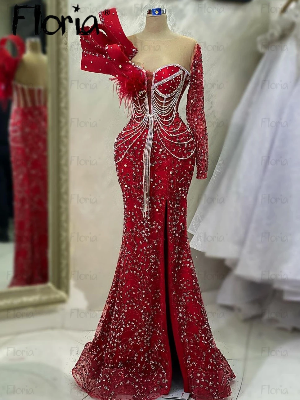 Nigerian burgunder langärmliges Abendkleid Luxus Perlen Quaste Hochzeits feier Kleid plus Größe Dubai Vestidos de Noite Ballkleid