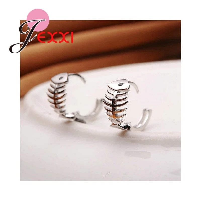 Unique Retro Fish Bone Real 925 Sterling Silver Hoop Earrings Novel Design For Girls Women Daily Fashion Jewelry