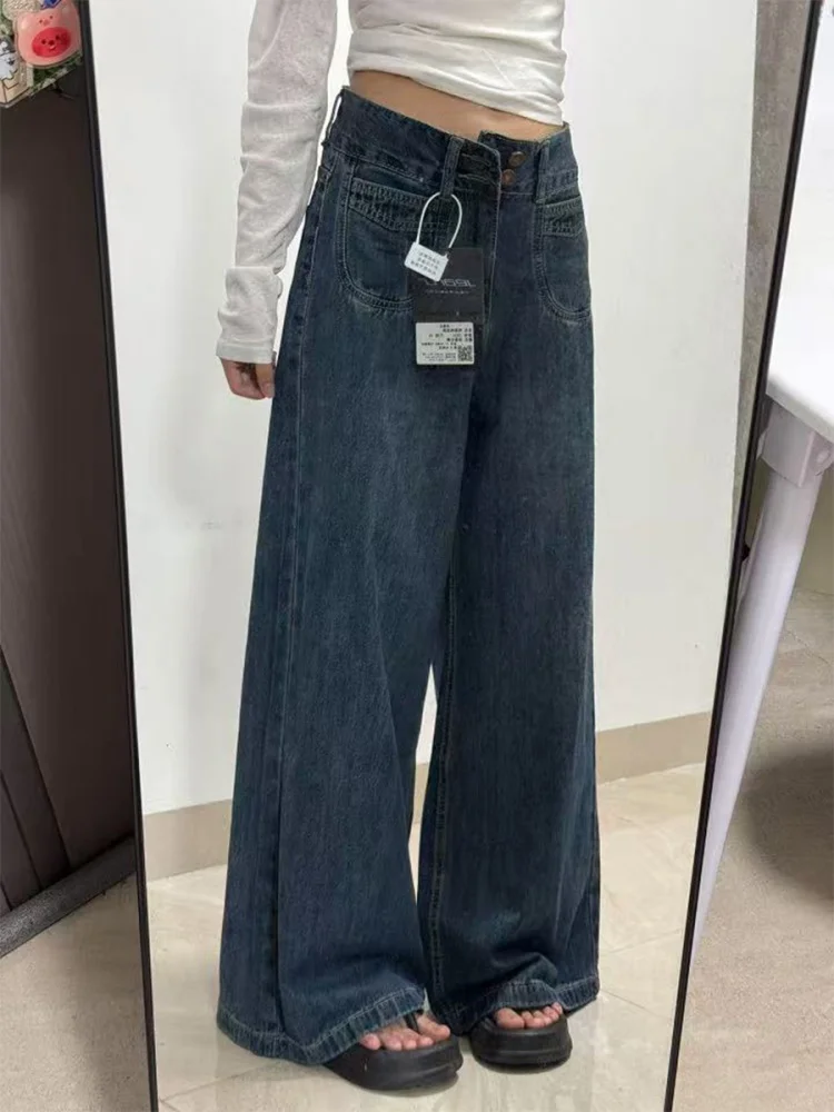 ارتفاع الخصر واسعة الساق الجينز المرأة مستقيم قطع الدنيم السراويل الخريف فضفاضة تناسب التخسيس بنطلون للكمثرى aped الجسم خمر Sle