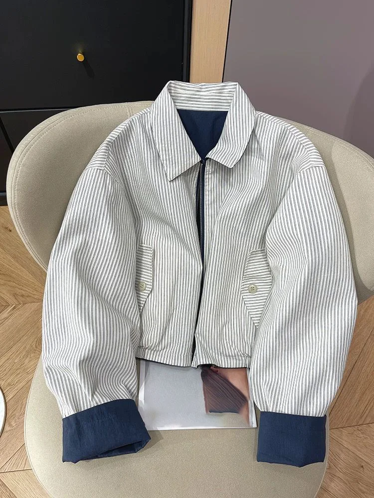 

Vintage Jackets Women's Clothing 2026 Streetwear Bf Loose Striped Long Sleeve Zipper Outerwear Casual Fashion Coats Tops Female