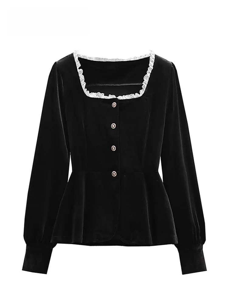 

Cara CLUB plus Size Velvet irt Women's Spring Slimming Waist High Waist Square Collar Ele French Sle Long Sve Top