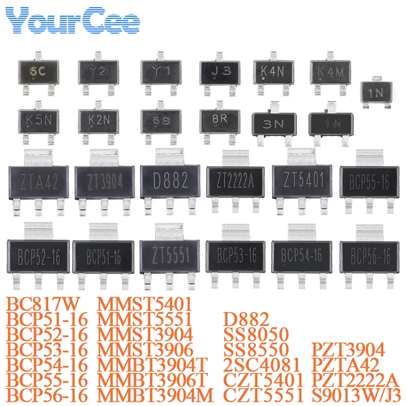 50Pcs 2SC4081 BC817W BCP51 BCP52 BCP53 BCP54 BCP55 BCP56 CZT5401 CZT5551 D882 MMBT390 MMST390 SS8050 SS8550 MMST5551 PZT2222A