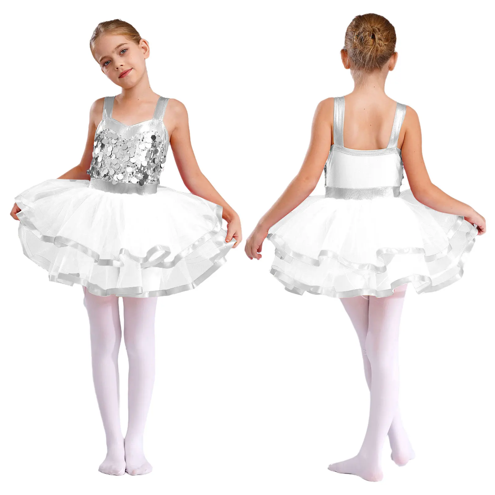 

Girls Ballet Dress Sequin Leotard Costume Sleeveless Color Block Double-layers Dress for Ballet Practice Dance Stage Performance