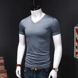 Mens Short Sleeve Fashionable and Lightweight Summer Wear 2023 Casual Pure Smooth Ice Silk Lovers V-Neck T-shirt