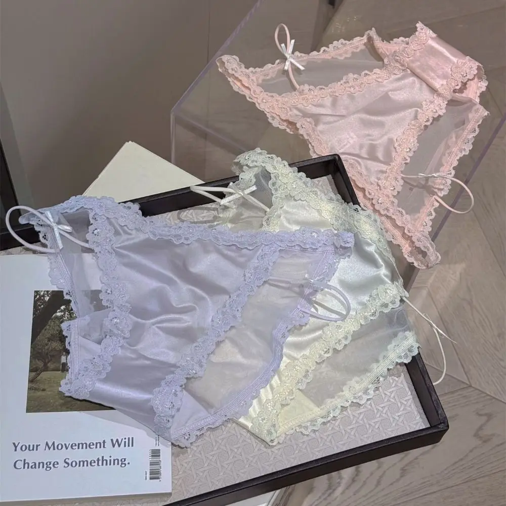 

French Style Sweet Lace Briefs Low Waist Hollow Mesh Lace Panties Thin Satin Silk Underpants Female