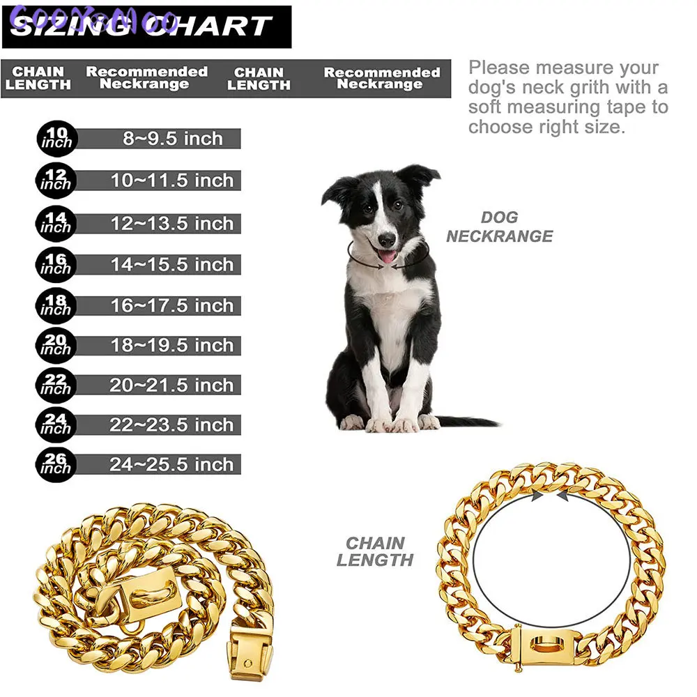 Strong 14MM Cuban Link Chain Stainless Steel Dog Necklace Gold Dog Collar with Safety Buckle Training Collar Dogs Walking Collar