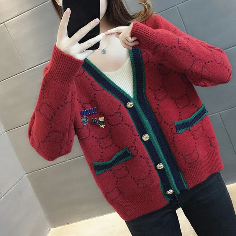 Autumn Winter New Printing Fashion Long Sleeve Sweater Women Casual Loose Button Korean Style Elegant Y2K All-match Cardigan