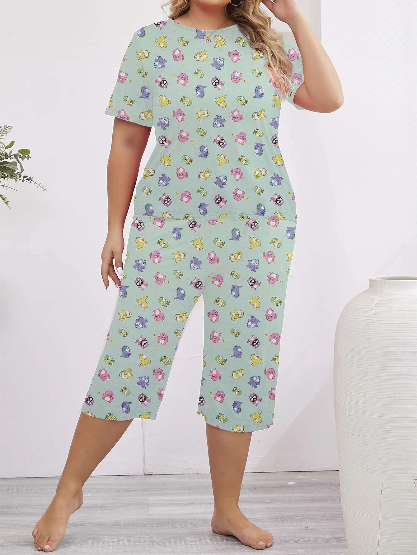 Summer casual fashion plus size women\'s pajamas set T-shirt&cropped pants home clothes 2-piece set