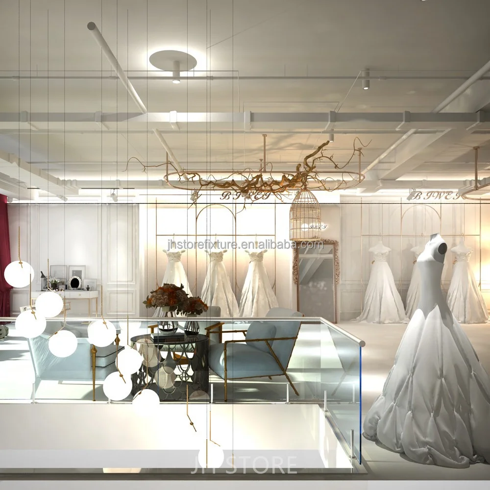Desain Interior Perlengkapan Toko Ritel, Display Butik Gaun Pengantin, Rak Pakaian Emas, Rak Pakaian untuk Menggantung Pakaian
