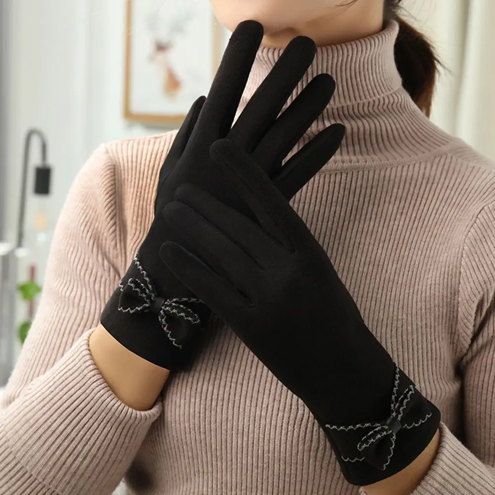 

Ladies Winter Accessories Cold Protection Bow Solid Color Women's Gloves Touch Screen Gloves Korean Style Mittens German Fleece