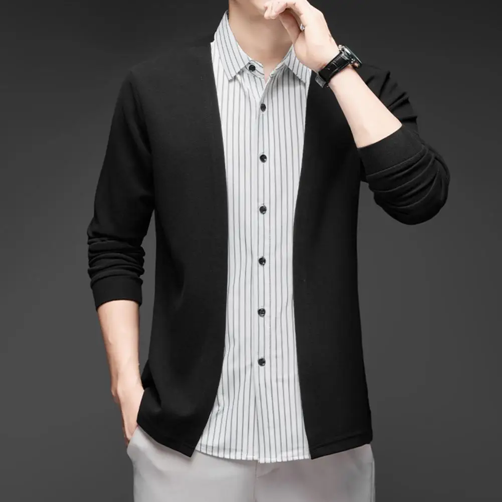 Business Style Sweater Shirt Striped Men's Cardigan Shirt with Turn-down Collar Single-breasted Design Long Sleeves for Formal