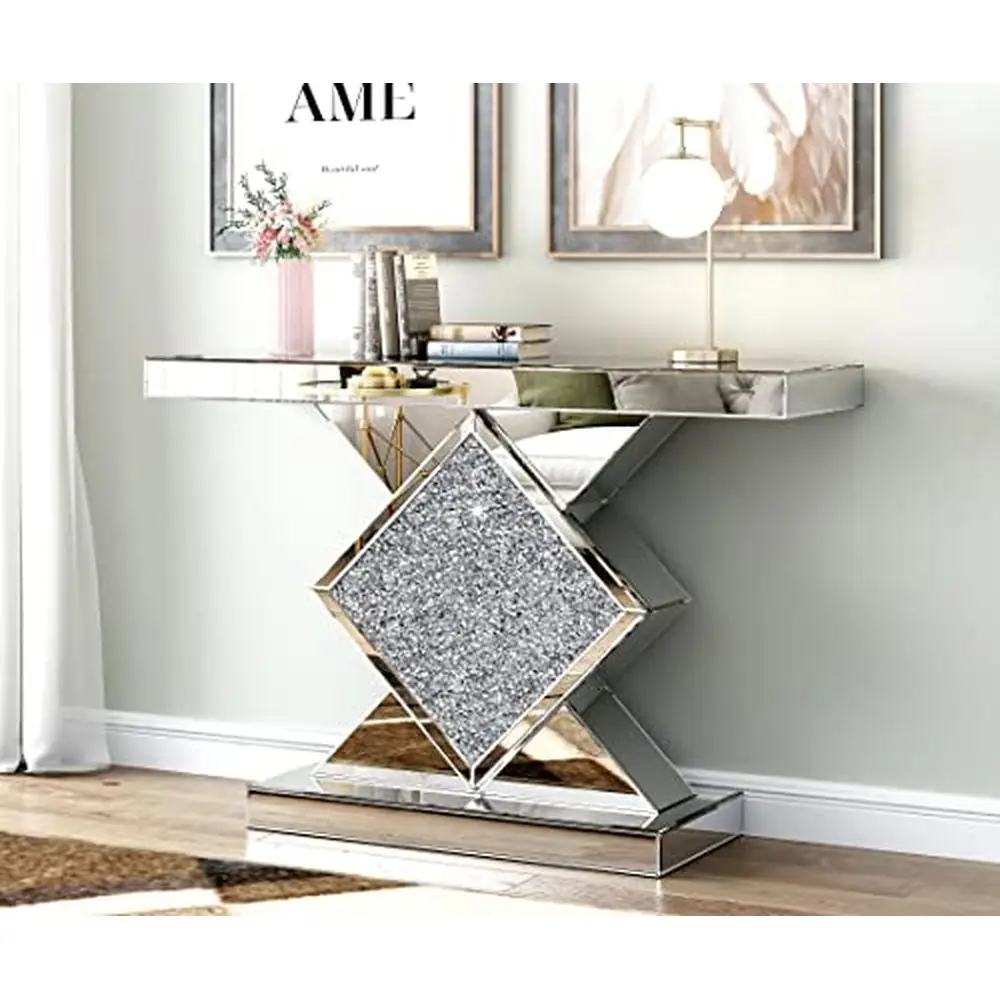 Mirrored Diamond Frame Silver Console Table 47.2