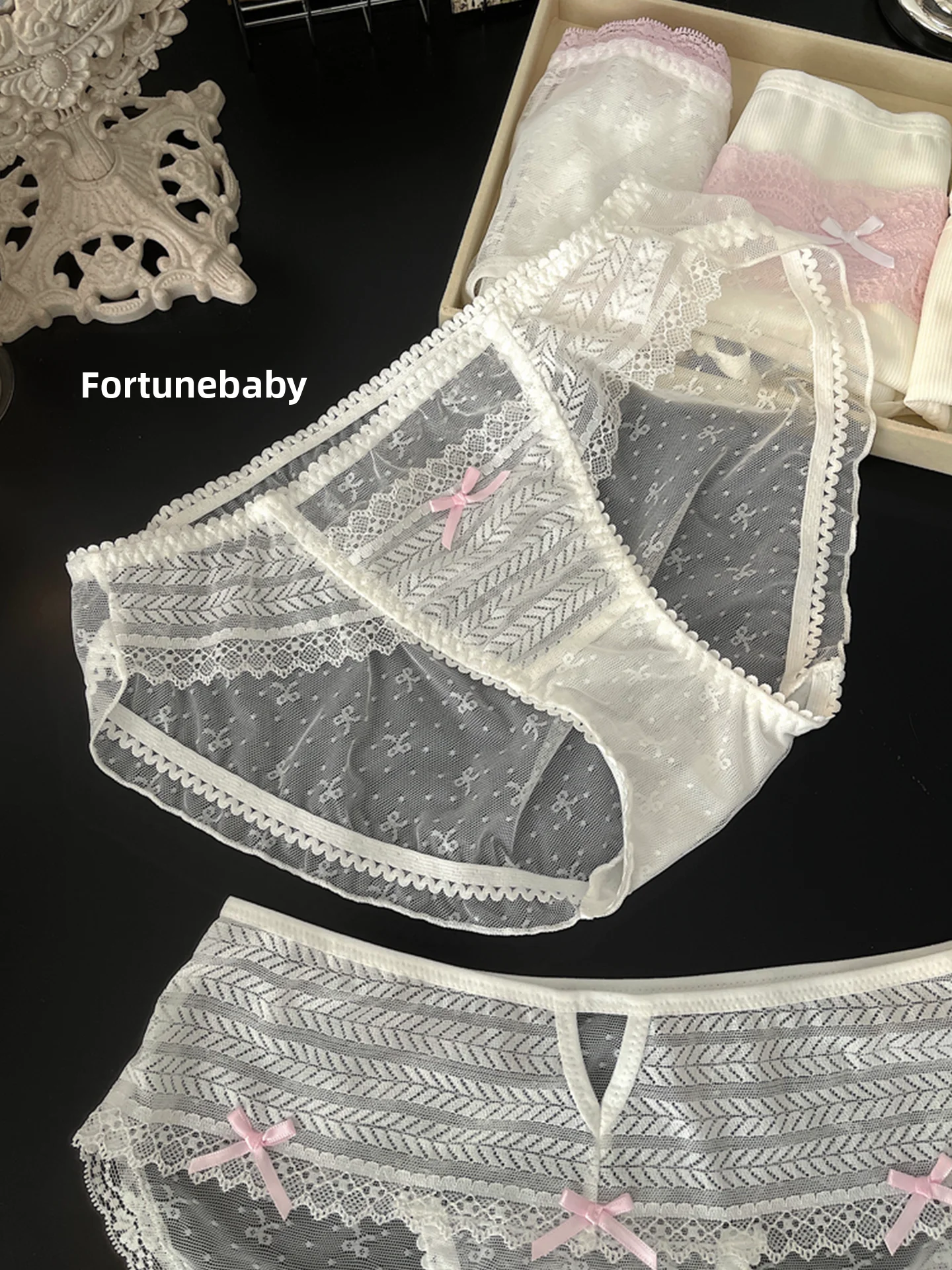 Fubao Ultra Sweet Marysu Transparent Lace Underwear Pink  Knot Clear Breathable plus Size  Pants Nylon Fabric