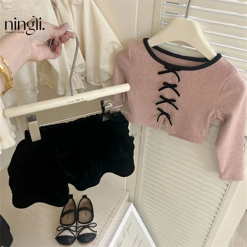 Girl T-shirt Autumn New 2024 Pink Bow Tops Velvet Solid Skirt Casual Simple Fashion Sweet Korean Active Vintage Princess Cute image 3