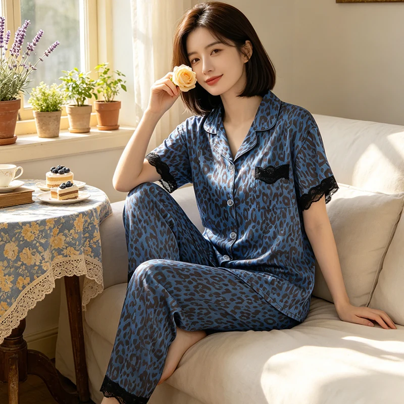 Ins Style High-End Lace Leopard Print Imitation Silk Black Women Sleepwear Short Sleeved Pants Home Suit Ladies Pajamas Homewear