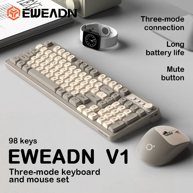 EWEADN V1 Stylish 3-Mode Wireless Combo Backlit Quiet Keyboard Mouse Ergonomic Desktop Kit