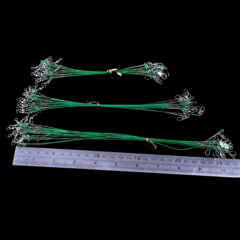20PCS Anti Bite Steel Wire Leader 15cm 20cm 25cm Coated Fishing Leader with Swivel Snap, Black/Green/Silver, Fishing Accessories