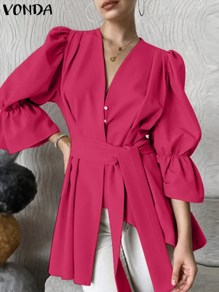 

Plus Size 5XL VONDA Women Shirts 2025 Fashion Elegant V-Neck Office Tops Casual Solid Blouse Belt Flare Sleeve Ruffles Blusas