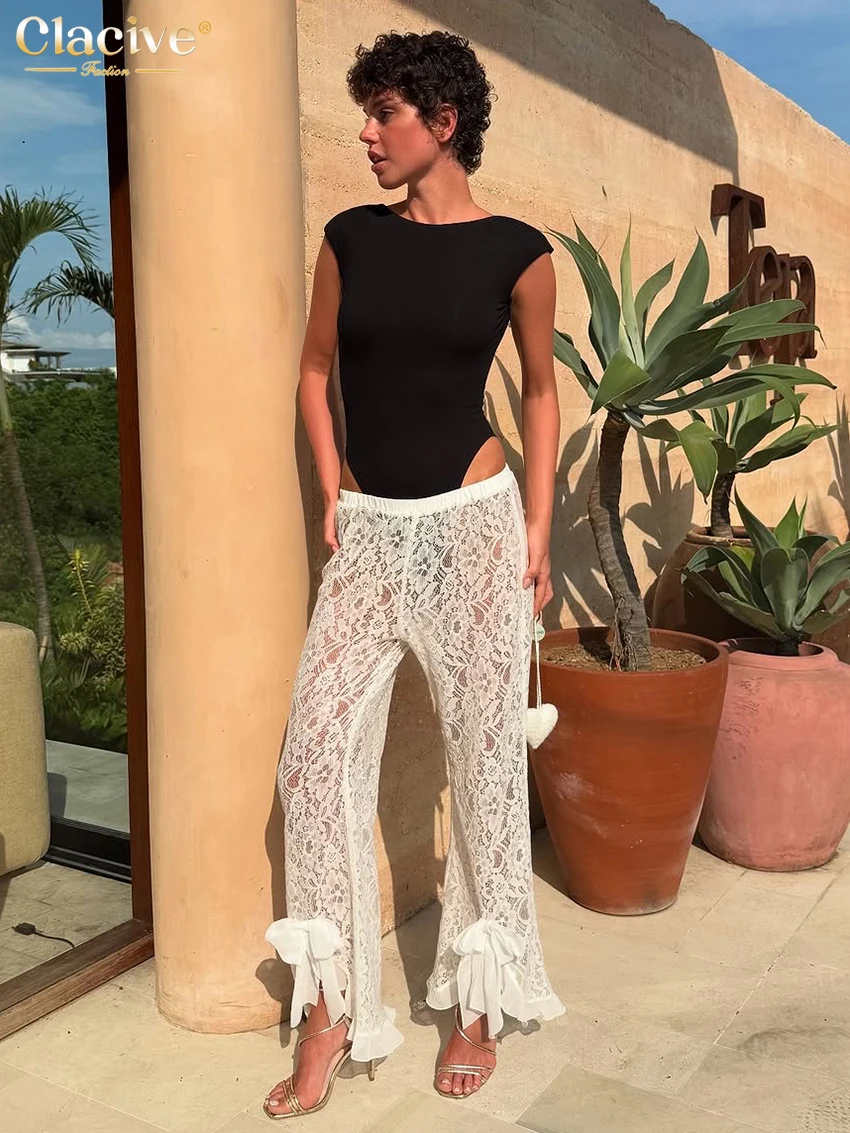 Clacive موضة فضفاضة الدانتيل الأبيض النساء السراويل 2025 عادية عالية الخصر الكاحل طول السراويل السراويل ملابس نسائية كلاسيكية أنيقة #3