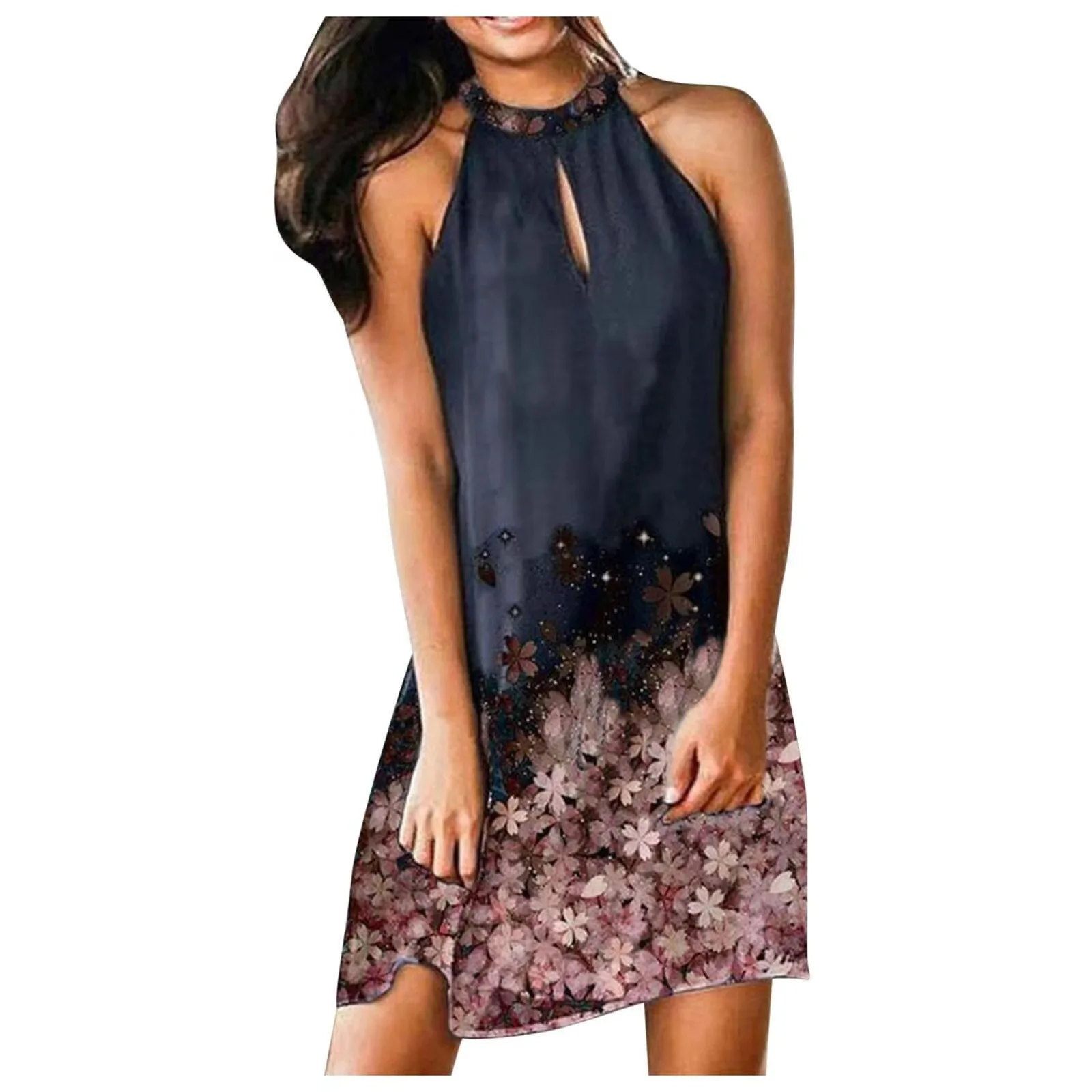 

2026 Spring/summer New Item In Stock Women's Fashionable Hanging Neck High Waist Sleeveless Mid Skirt Printed A-Line Dress