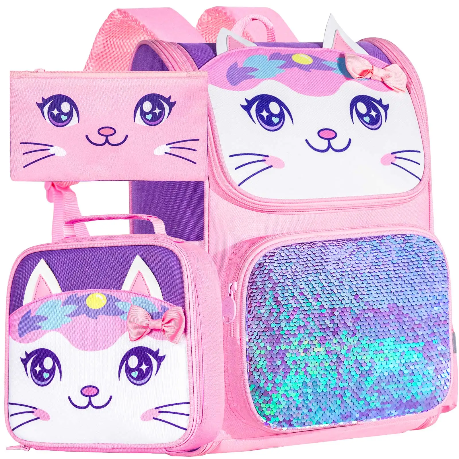 3pcs-cat-backpack-for-girls-15-sequin-bookbag-with-lunch-box-kids-preschool-school-bag-for-elementary-toddler-students