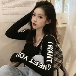 Autumn Winter Tops Woman Black Slim Sexy Crop Long Sleeve T Shirt for Women Korean Reviews Clothes Trending Clothing Kpop Female