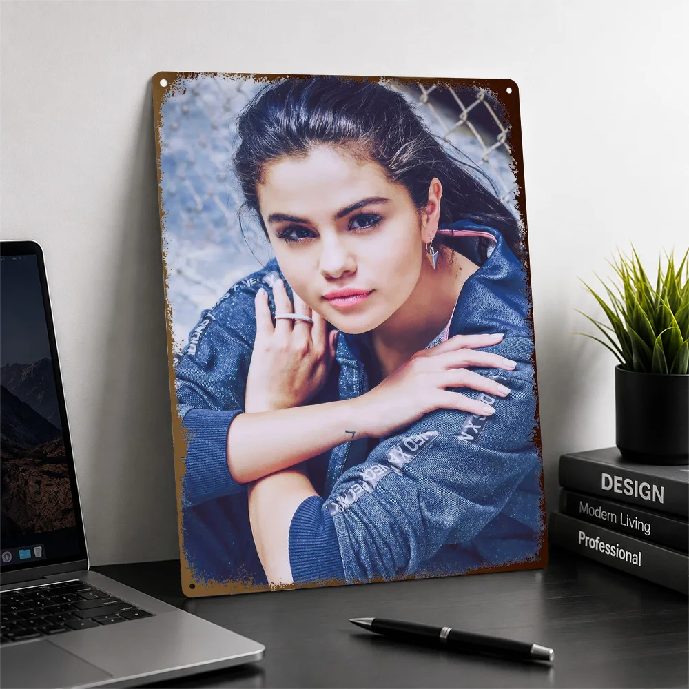 Selena Gomez In Denim Jacket Aluminum Poster Personalized Metal Sign Chart Topper Style Wall Art For Entertainment Space Decor