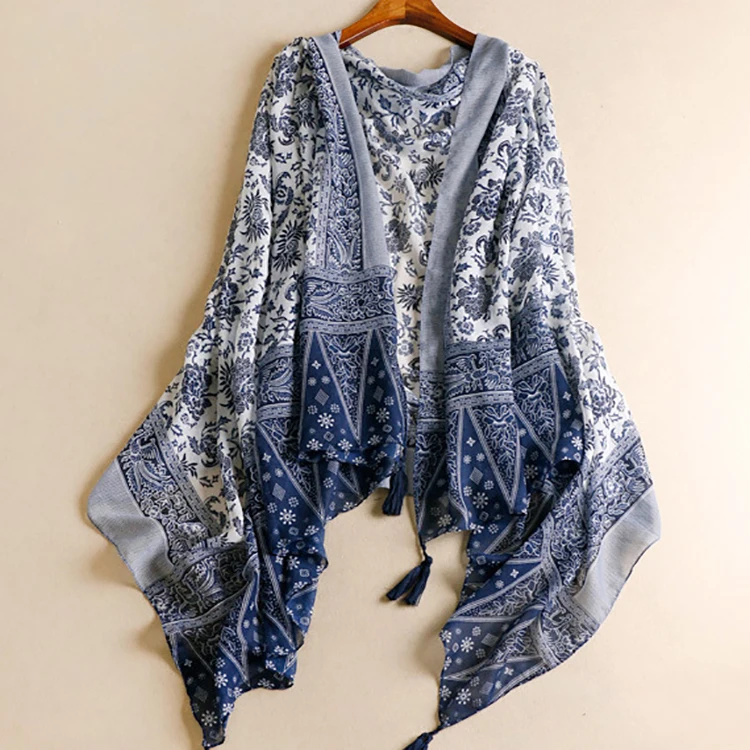 Bohemian Style Cotton Linen Blue Porcelain Spring Summer Thin Scarf Women's Fashion Accessory Beach Wrap Multi-Functional Scarf