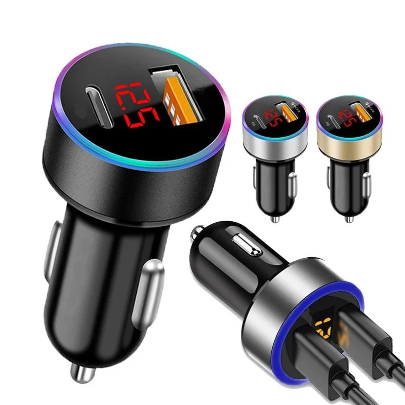 

USB Car Charger for Cigarette Lighter Dual USB Digital Display Voltmeter Fast Charging Mobile Phones Adapter for IPhone 12 11