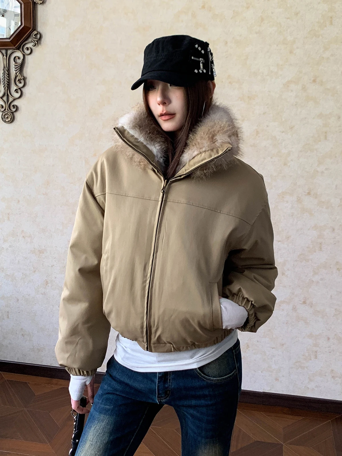 

Двусторонняя одежда Aket в американском стиле ретро с тонким меховым воротником, экологически чистые меховые теплые универсальные хлопковые пальто для женщин