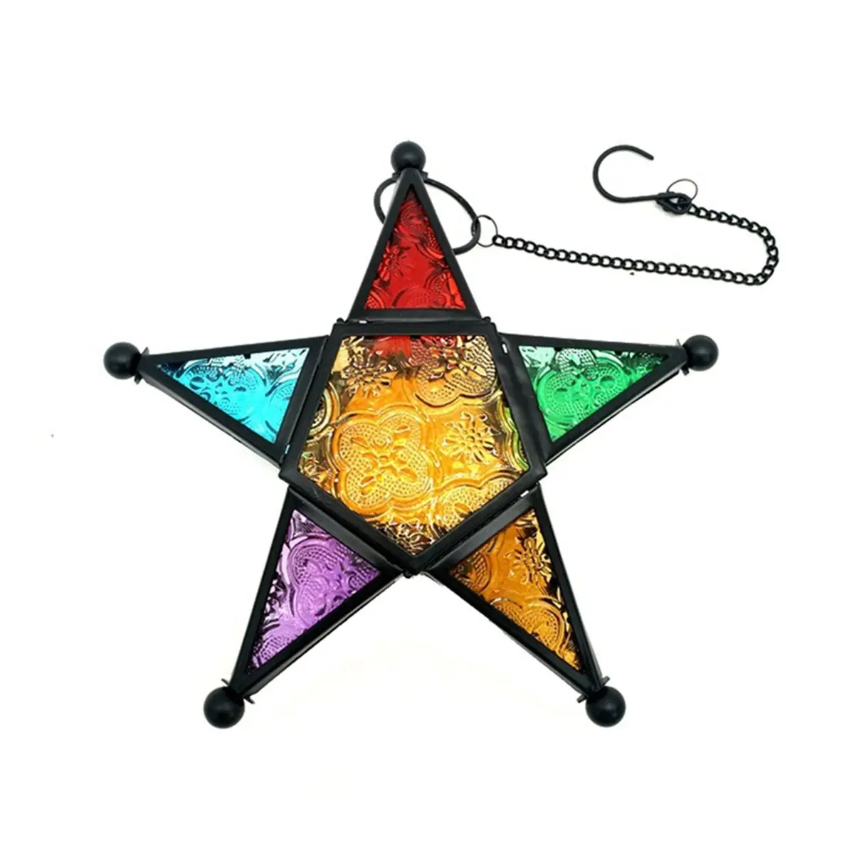 WORTHOWN-3X Hanging Candle Lantern,Moroccan Style Glass Five-Pointed Star Shaped Tealight-Holder For Wedding,Garden Yard, Black