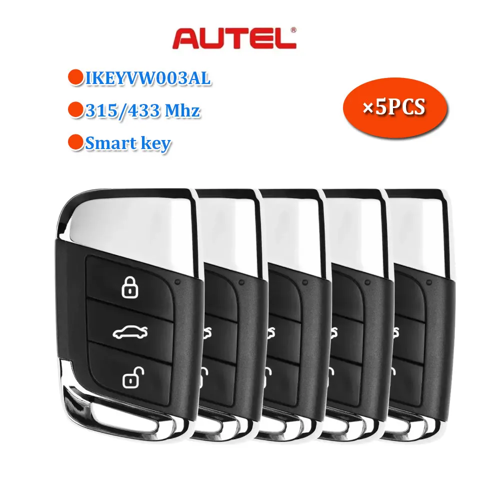 5pcs AUTEL Universal Smart Key IKEYVW003AL 3 Buttons 315/433 MHz for VW MAXIIM IKEY Used for KM100 KM100E IM508 IM608 Pro