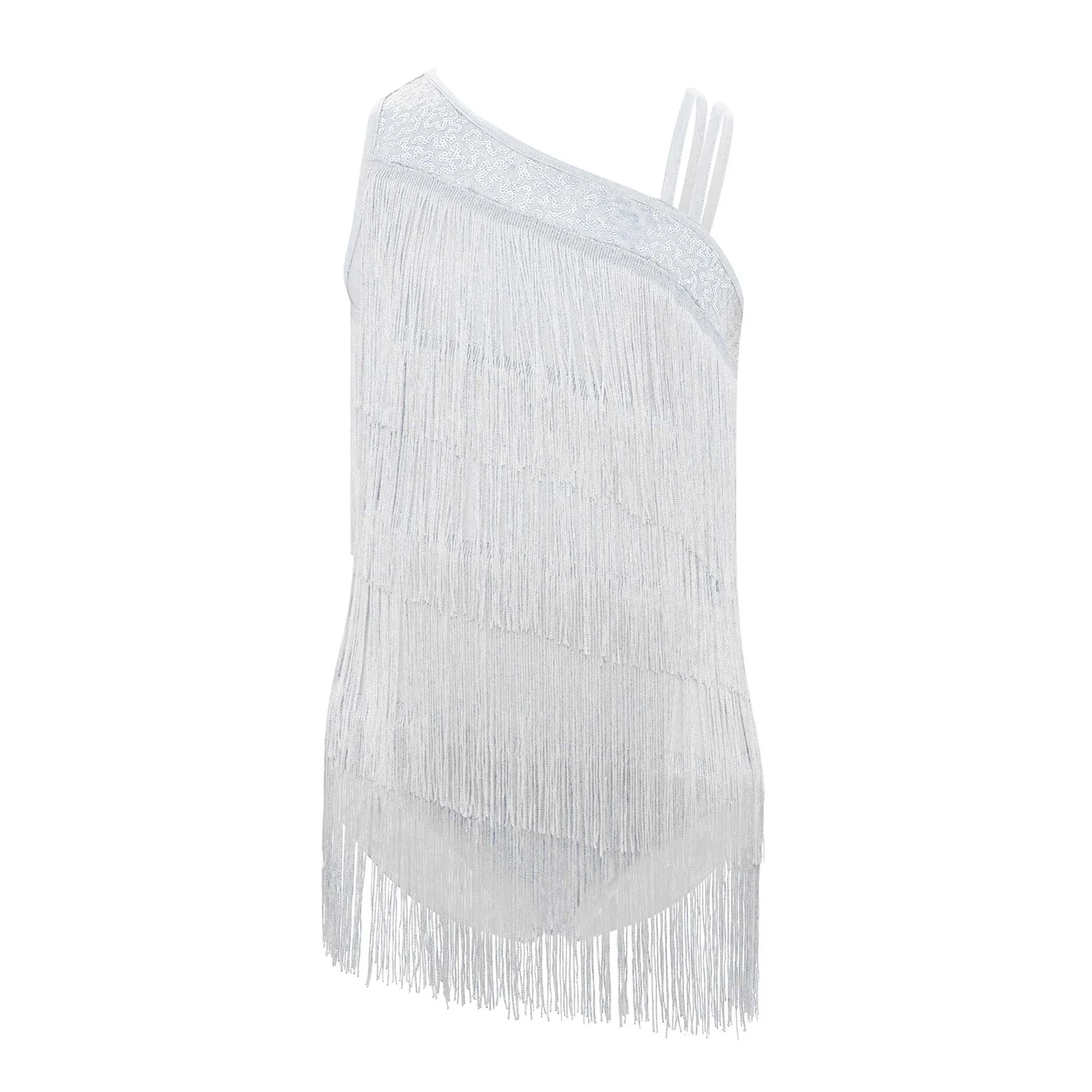 Kids Girls Modern Ballroom Salsa Latin Dance Performance Tassel Costume Sleeveless Tiered Tassels Asymmetrical Leotard Dancewear