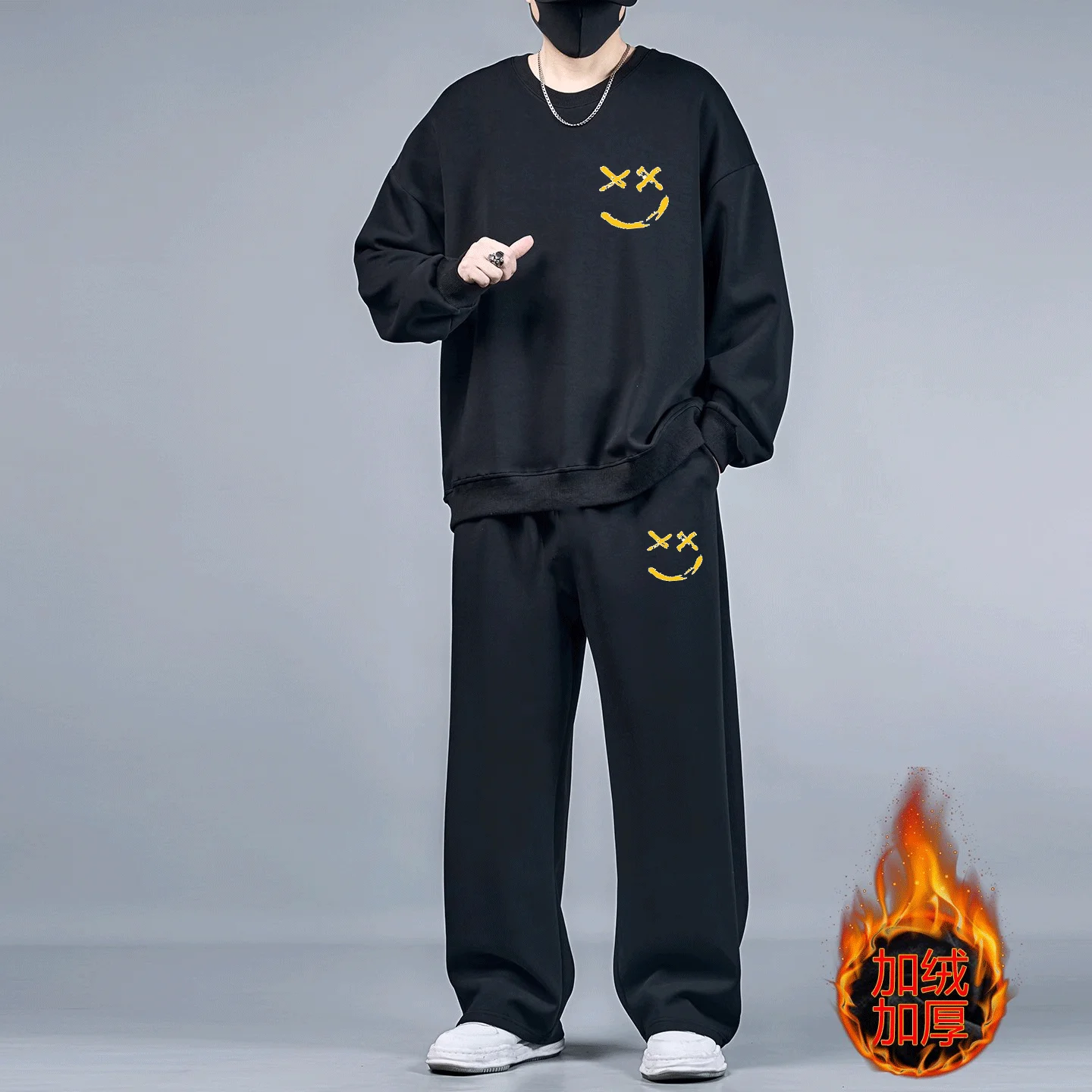 2pcs Set Men's Sweatshirts Pants Plus Size Fleece-lined Tops Sports Jogging Trousers Fashion Casual Pullover Hoodies Sweatpants