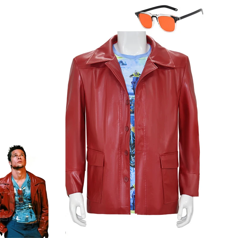 

Retro Movie Inspired Red Leather Jacket Cosplay Set, Complete with Printed T-Shirt & Glasses for Halloween & Themed Parties