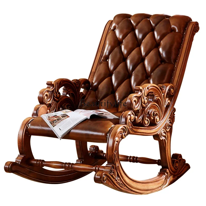 European leather all solid wood rocking recliner balcony bedroom happy chair sofa home