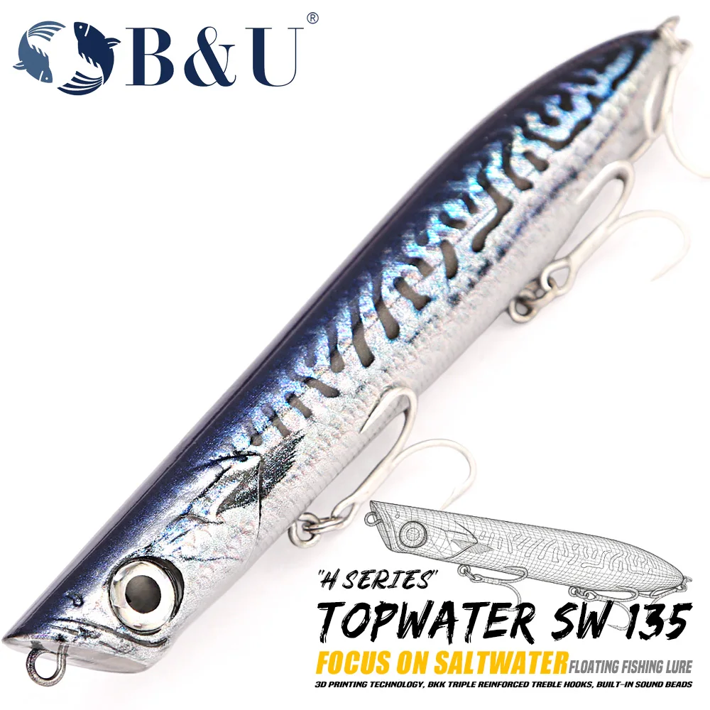 B&U 135mm Saltwater Topwater Pencil Popper Fishing Lure Long Casting Surface Walker with BKK 3X Treble Hooks