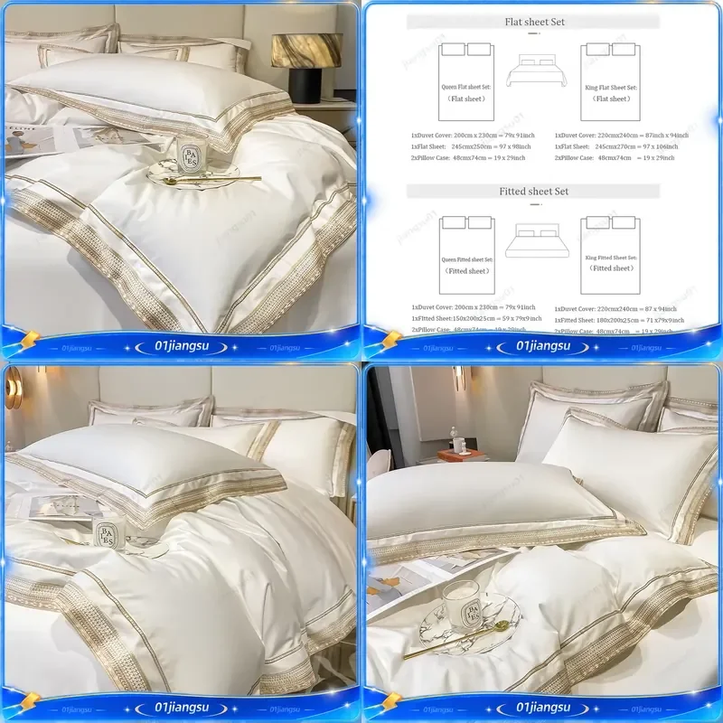 1000TC Egyptian Cotton Bedding Set Luxury Gold Embroidery Duvet Cover Flat Fitted Sheet Pillowcases 4Pcs Hotel Style Bed