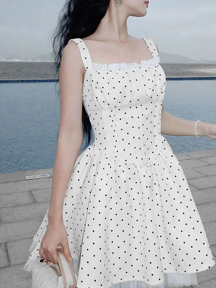 GELITAYIN Summer New Women A-Line Dresses Streetwear Fashion Dot Print Tank Sleeve Lace-up Dress Casual Slim Sexy Female Backles