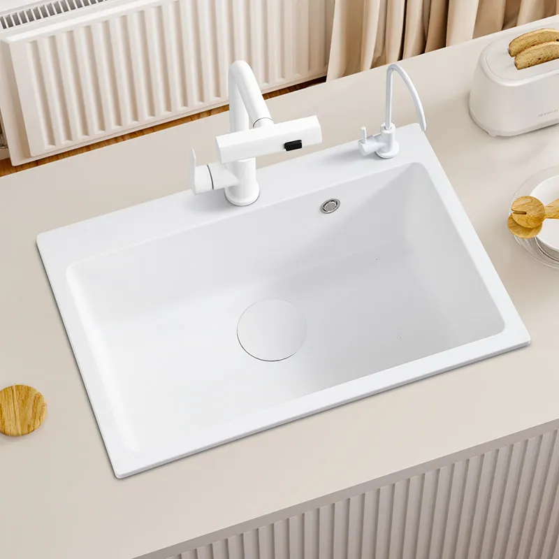 White quartz stone kitchen sink vegetable basin large single slot granite sink embedded table upper and lower sink
