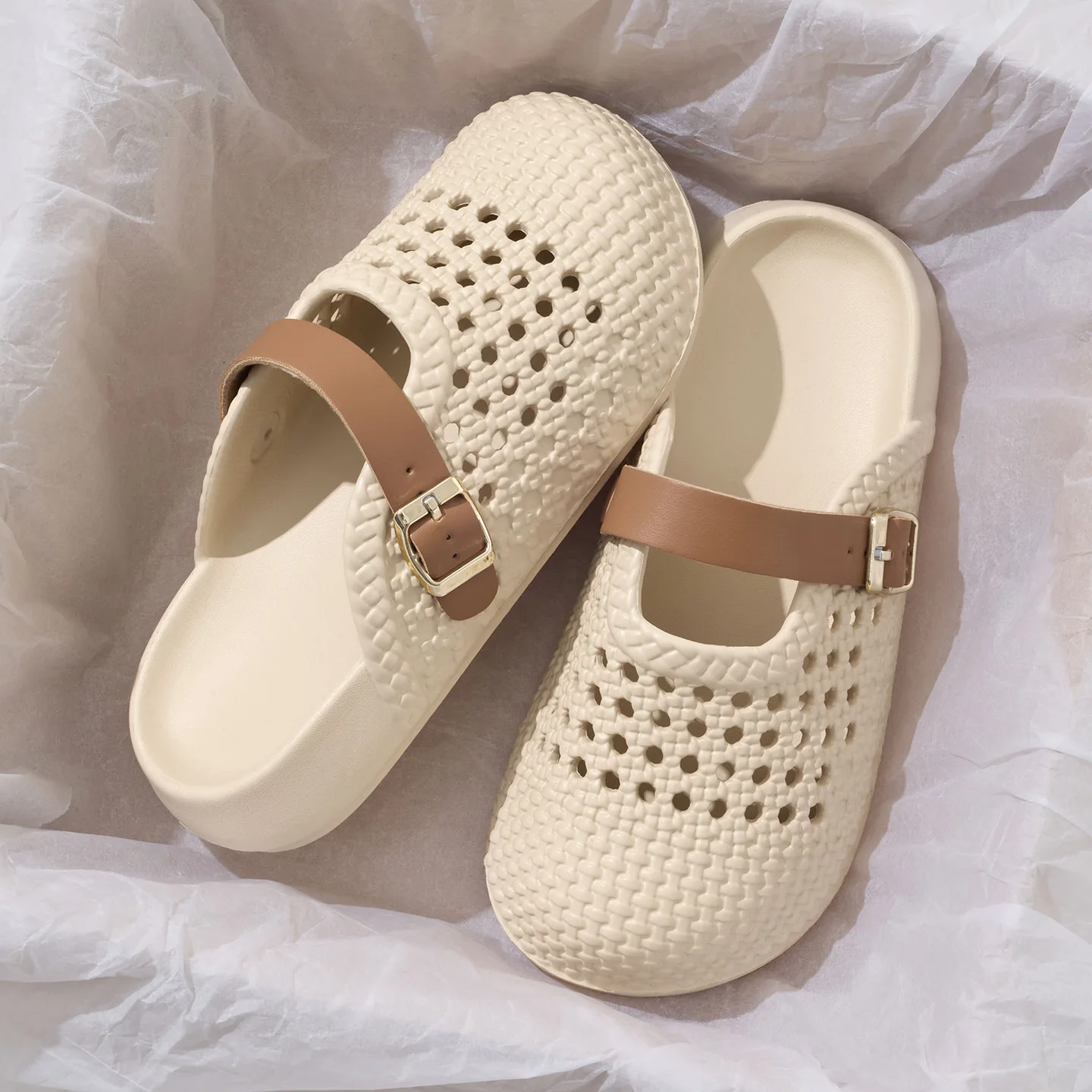 Fashion Hollow‑Out Mule Slippers Adjustable Buckle Strap Non‑Slip Soft EVA Casual Home Outdoor Slides