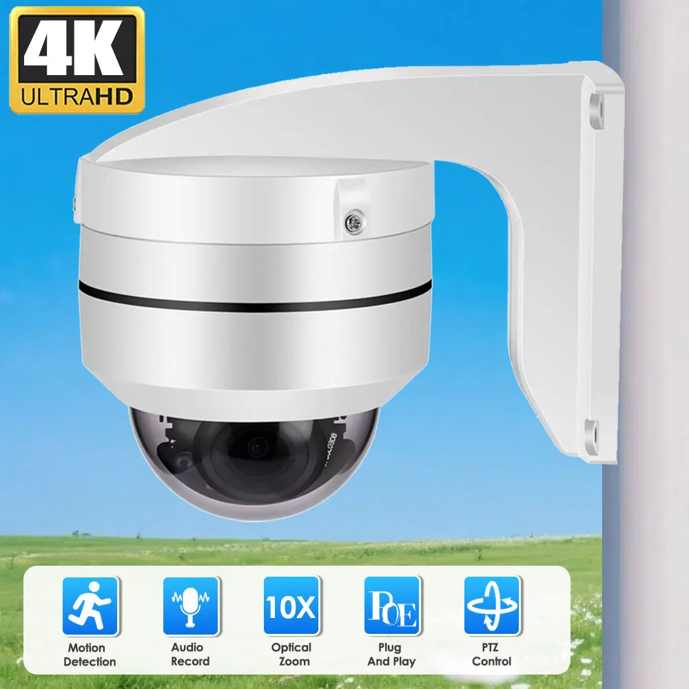8MP 4K Outdoor PTZ Dome IP Camera 10X Optical Zoom Waterproof POE Power Night Vision  Audio Motion Detection P2P CCTV Security